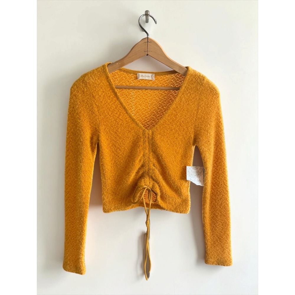 Altar'd State Mustard Yellow Fuzzy Cropped V-Neck Drawstring Sweater XS